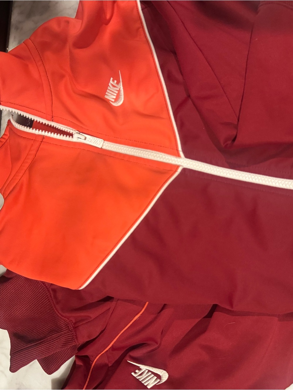 Nike Orange and Burgundy Colorblock Zip Jacket and joggers tracksuit set